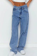 Mid Rise Asymmetrical Waist Wide Leg Jeans 