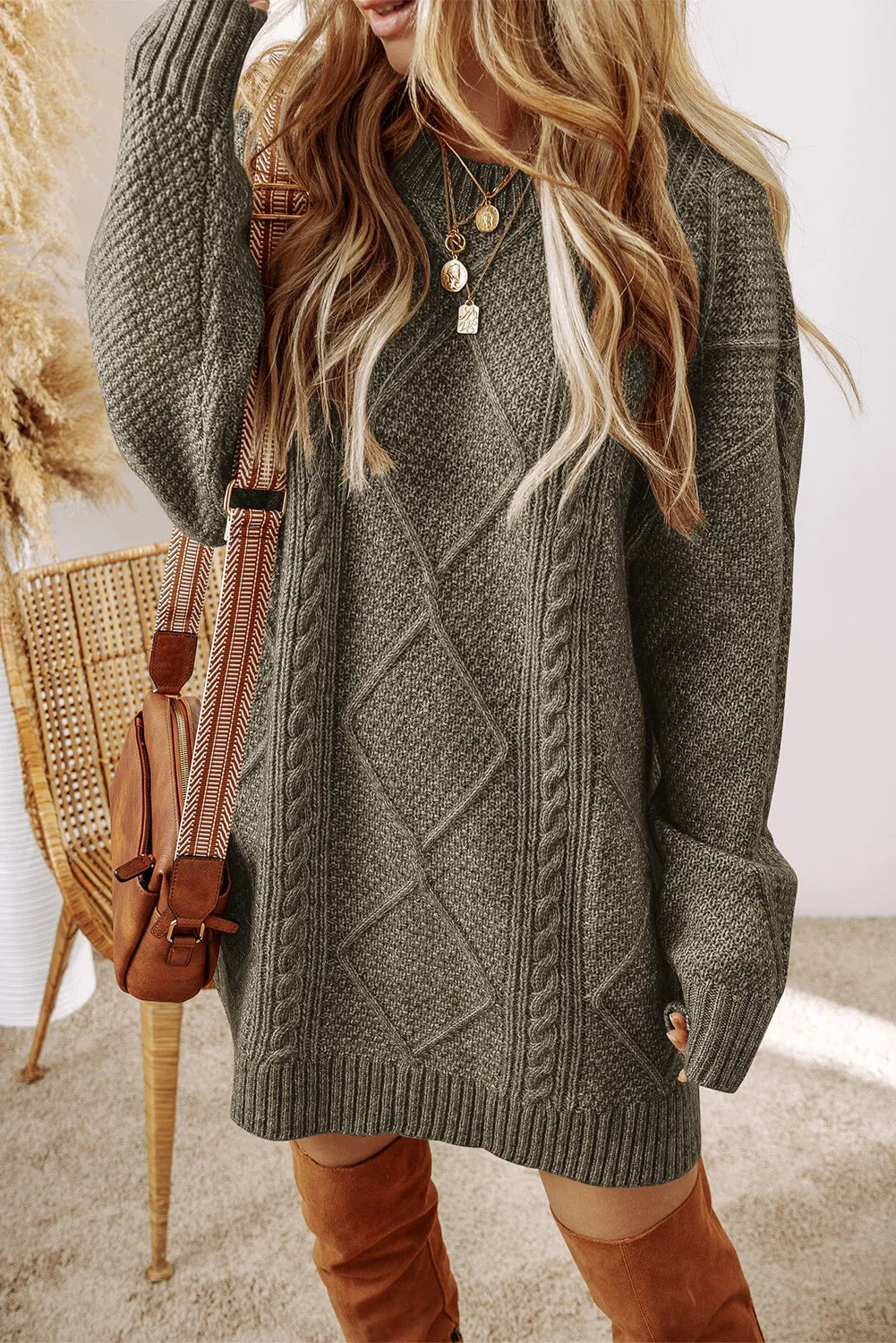 Cable-Knit Round Neck Sweater Dress 
