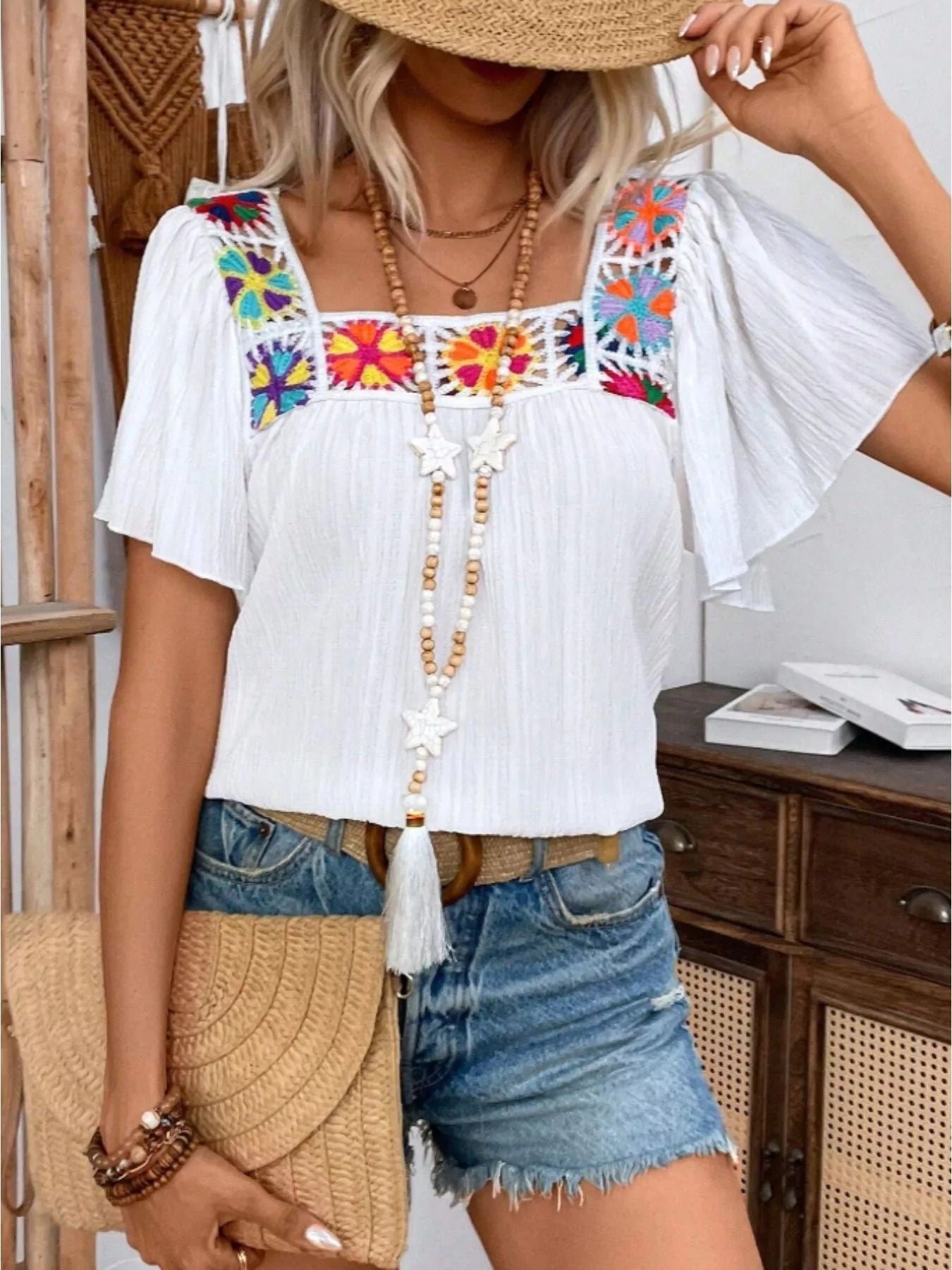Embroidered Square Neck Flutter Sleeve Blouse 