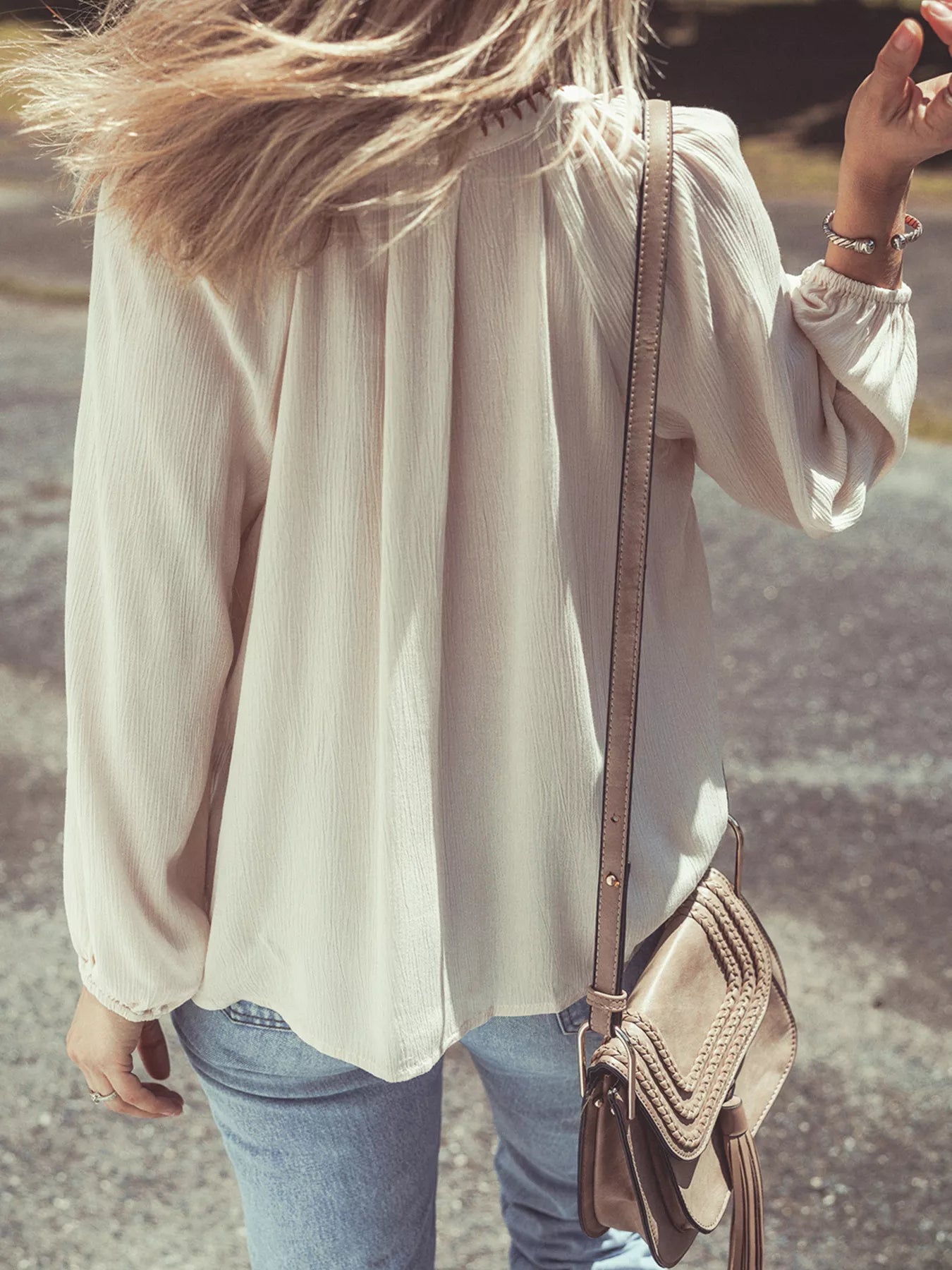 Floral Embroidered Textured Puff Sleeve Loose Shirt 