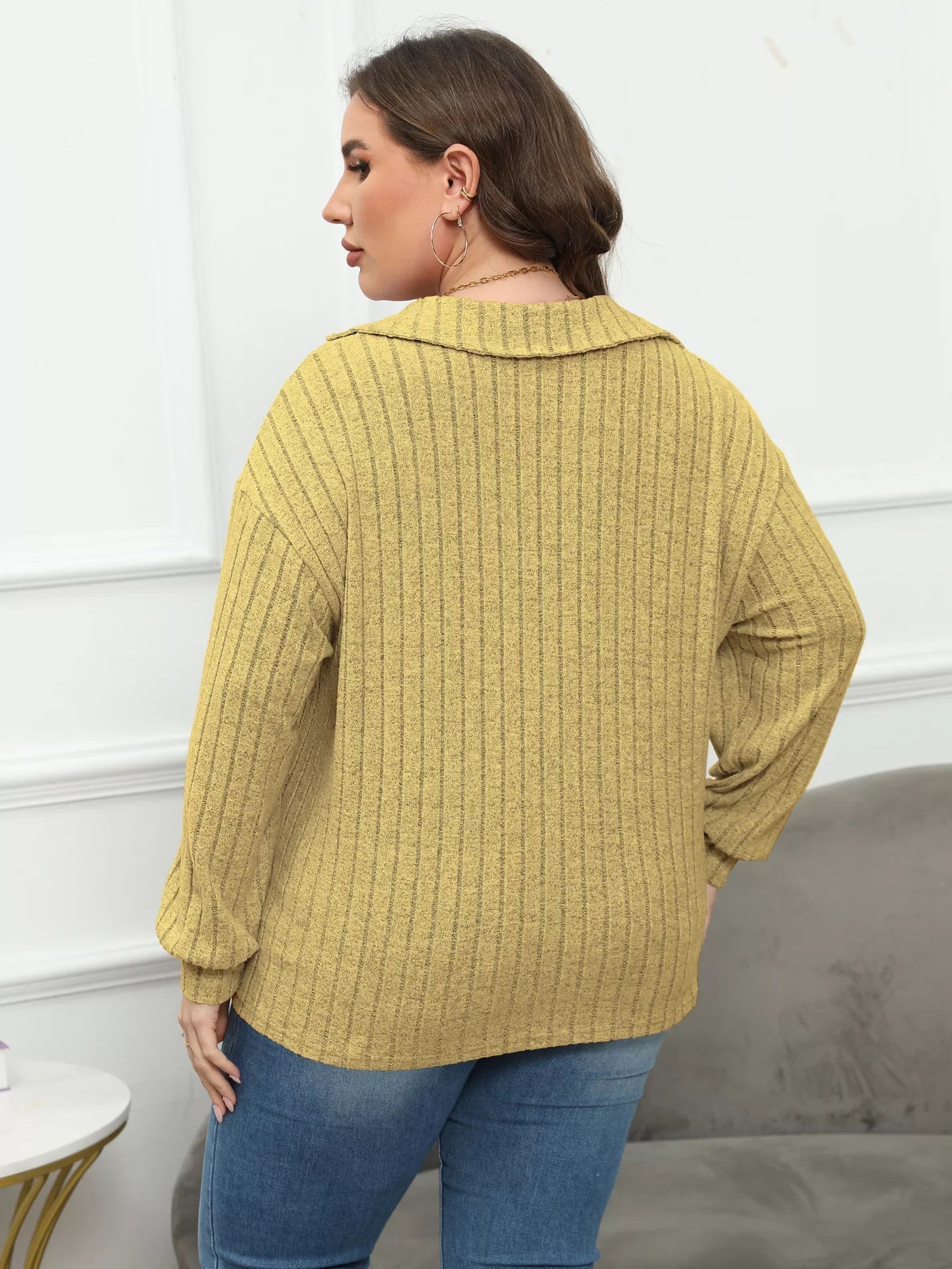 Plus Size Ribbed Knit Polo Collar T-Shirt 