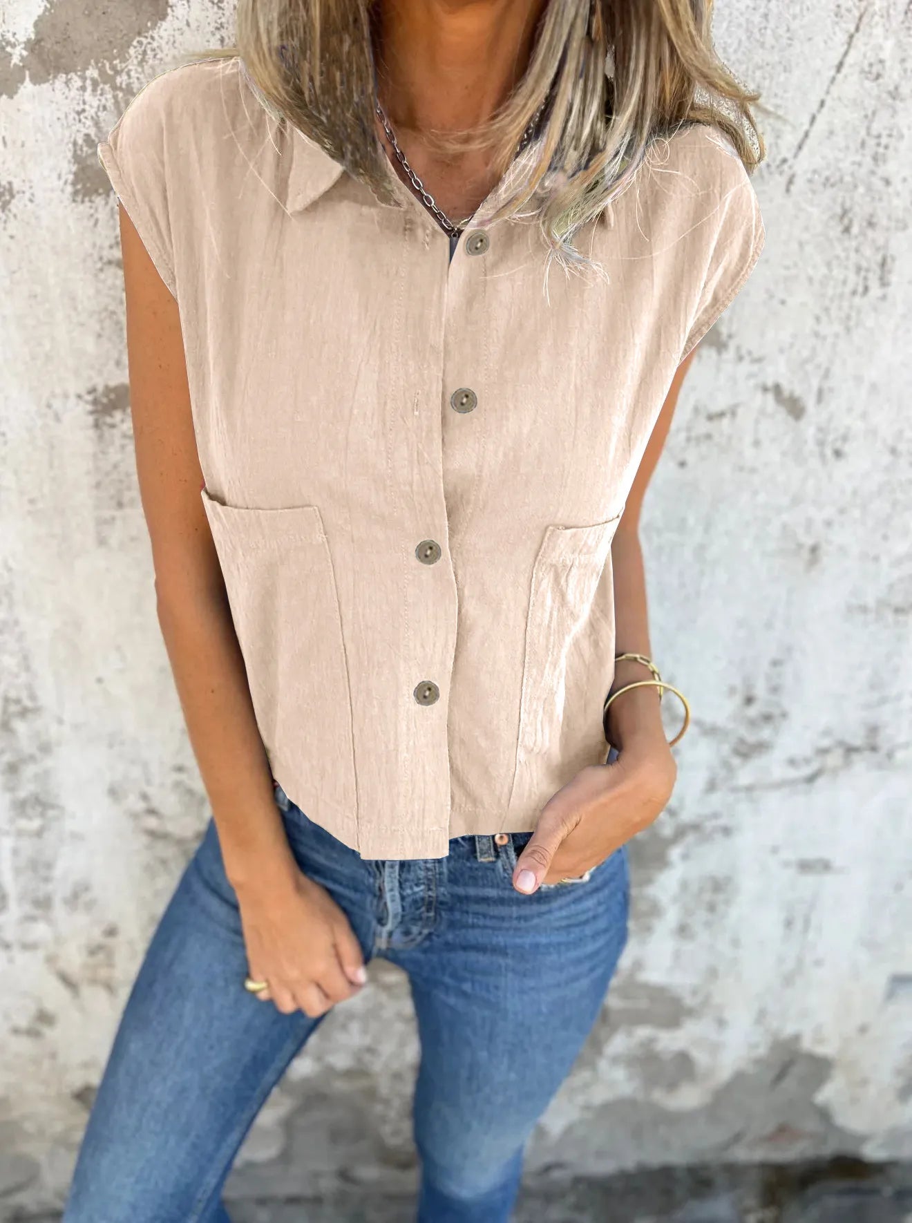 Full Size Button Down Cap Sleeve Linen Shirt Plus Size 