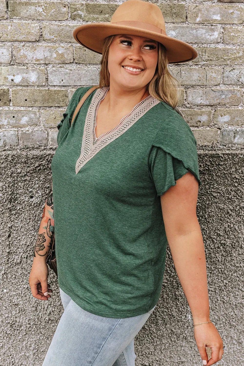 Plus Size V-Neck Petal Sleeve Blouse 