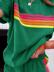 Rainbow Striped Round Neck Top and Shorts Set 