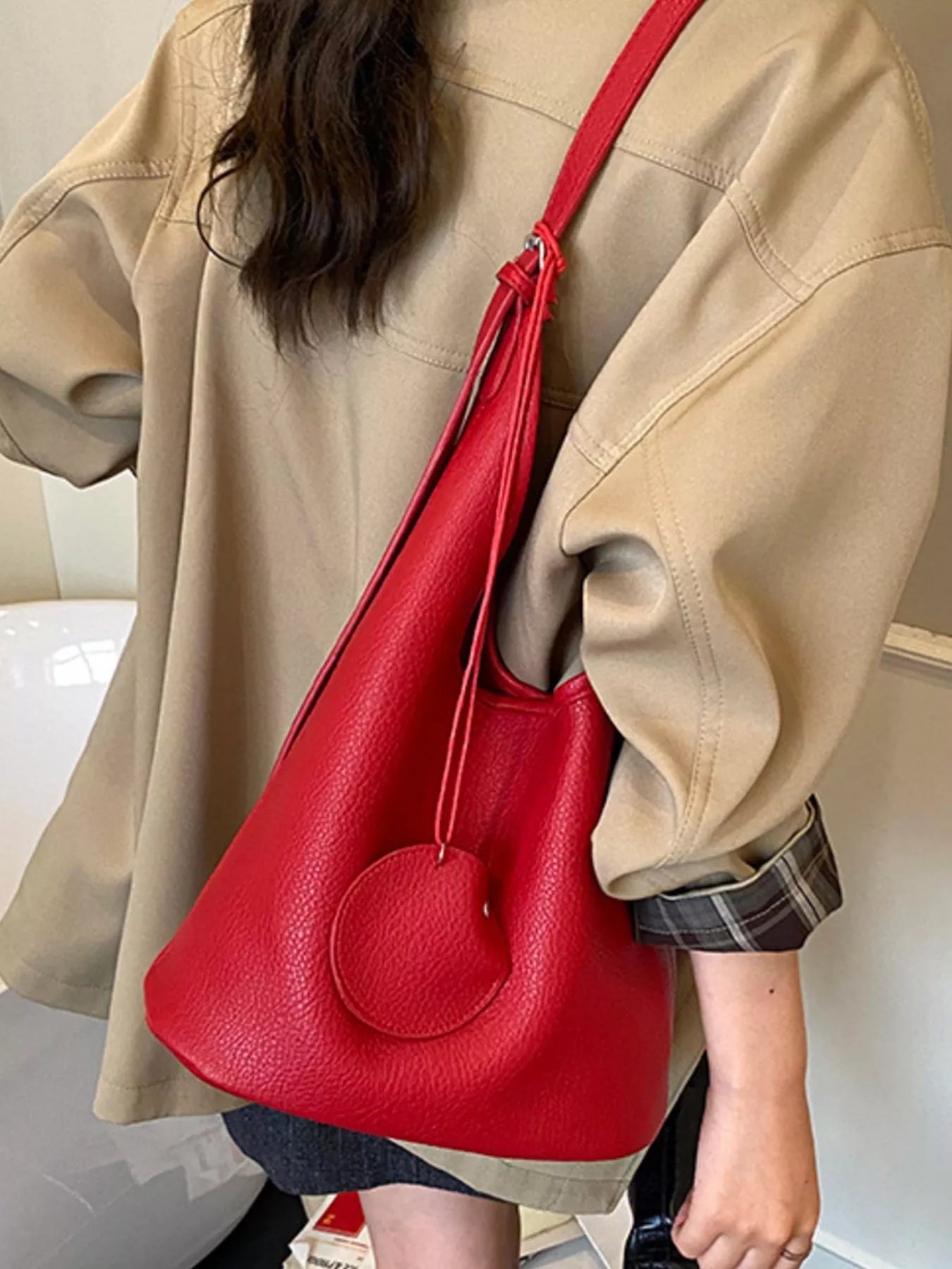 Solid Color Leather Handbag 