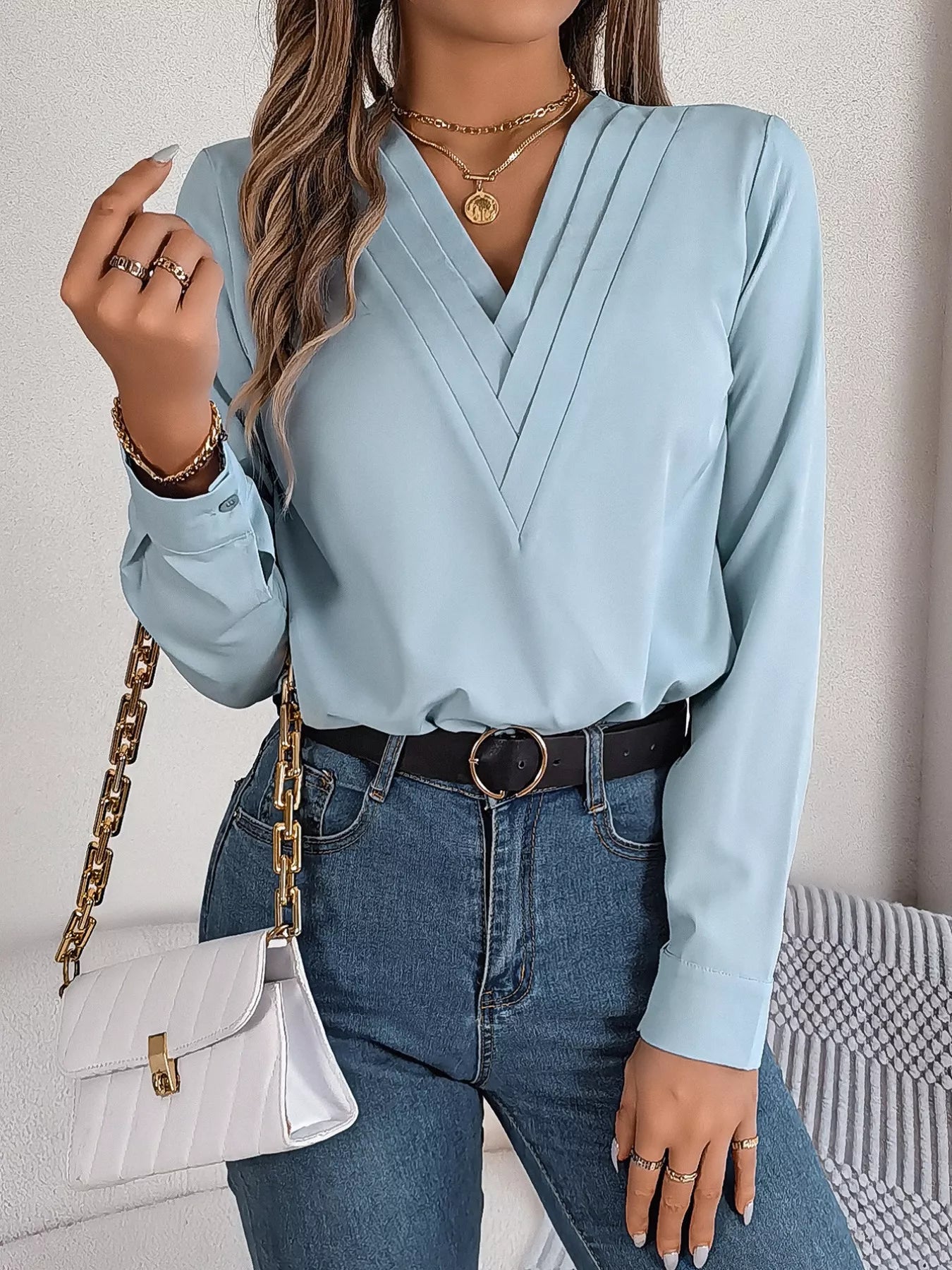 Layered V-Neck Long Sleeve Blouse 