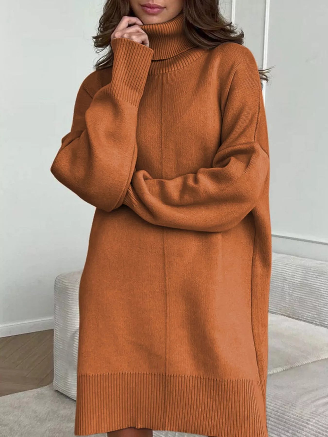 Solid Color Turtleneck Drop Shoulder Loose Sweater Dress 