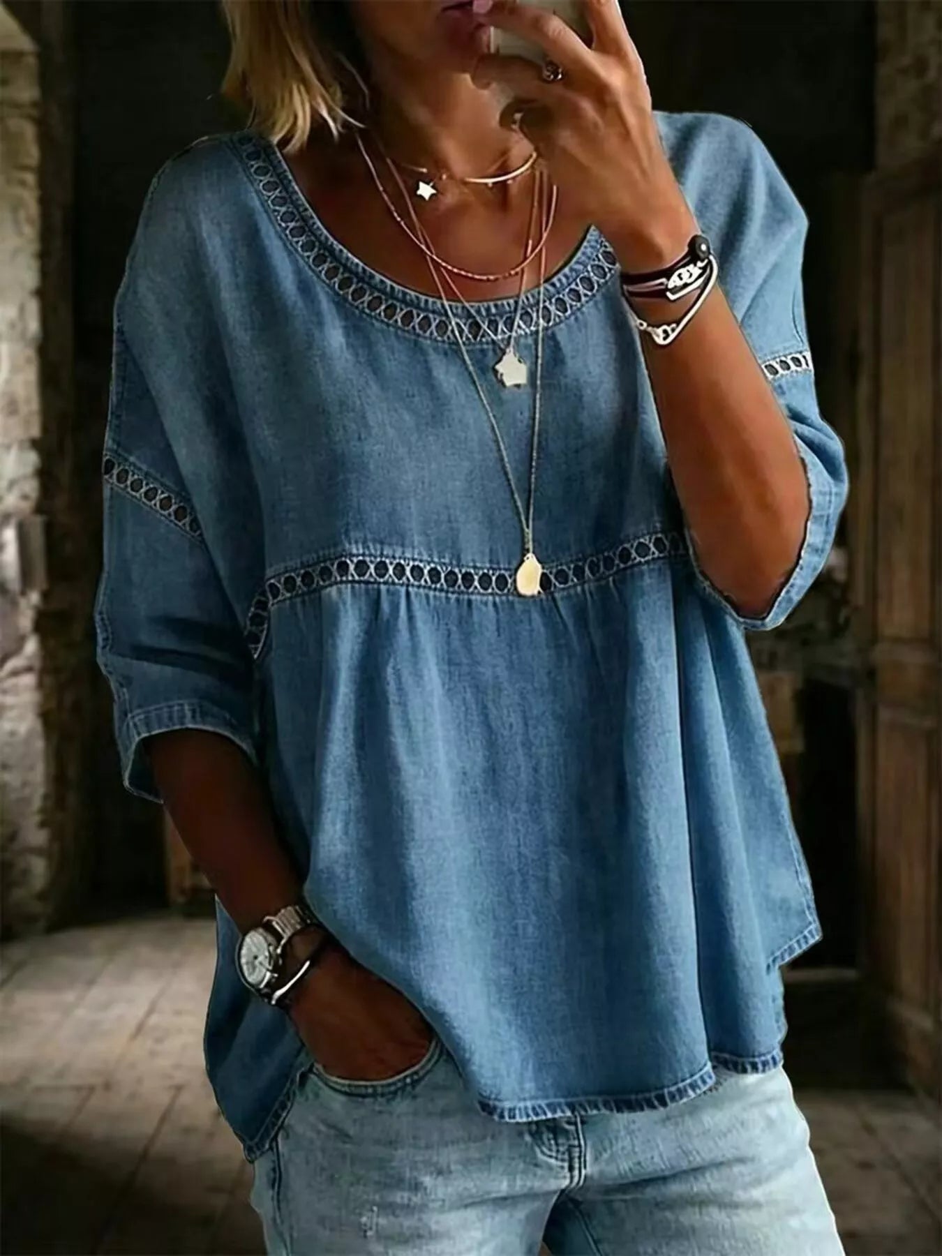 Full Size Hollow Out Round Neck Top Plus Size 