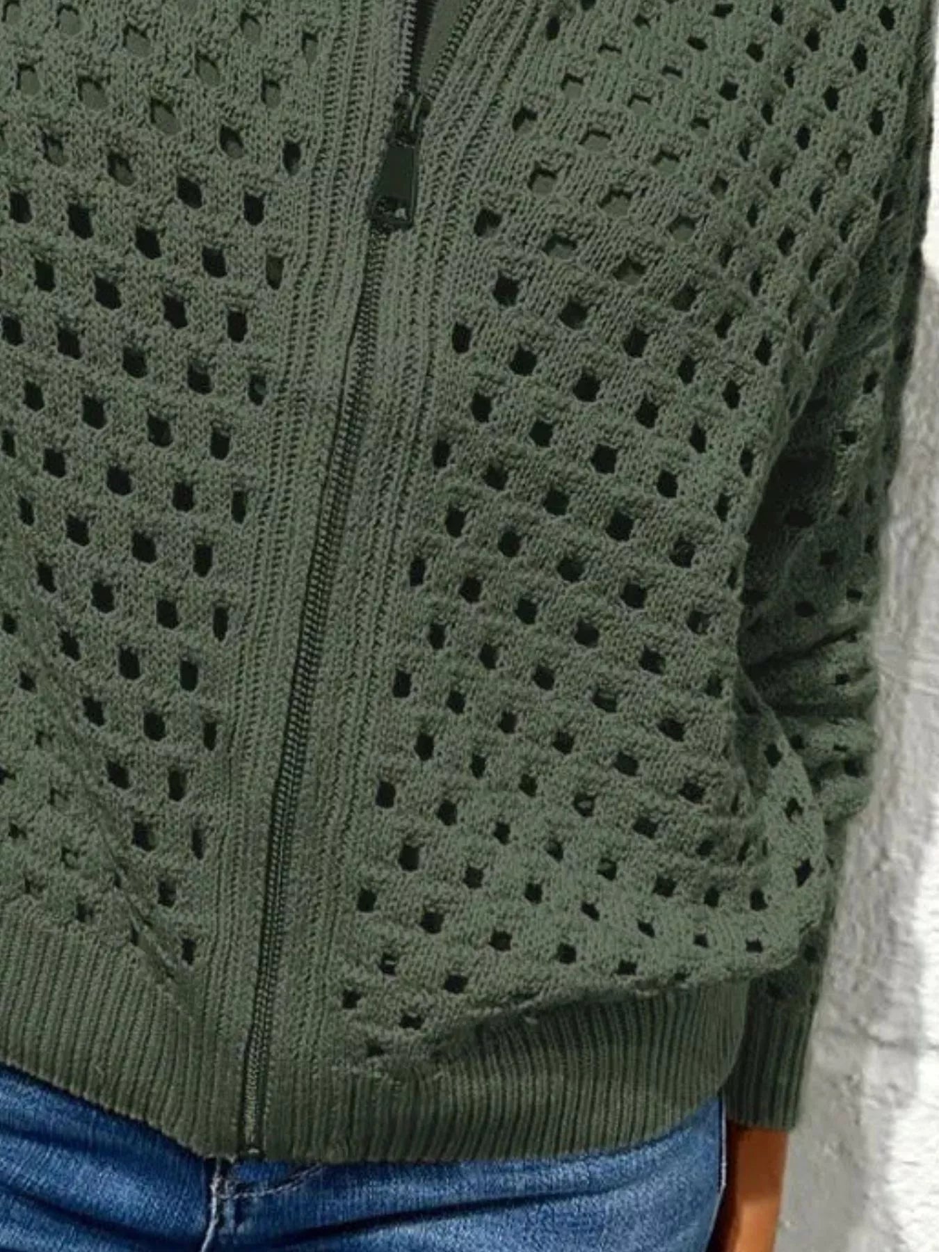 Full Size Zip Up Long Sleeve Cardigan with Eyelet Detail Plus Size 