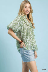 Umgee Abstract Print Ruffled Puff Sleeve Top 