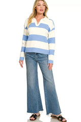 Zenana Striped Collared Sweater 