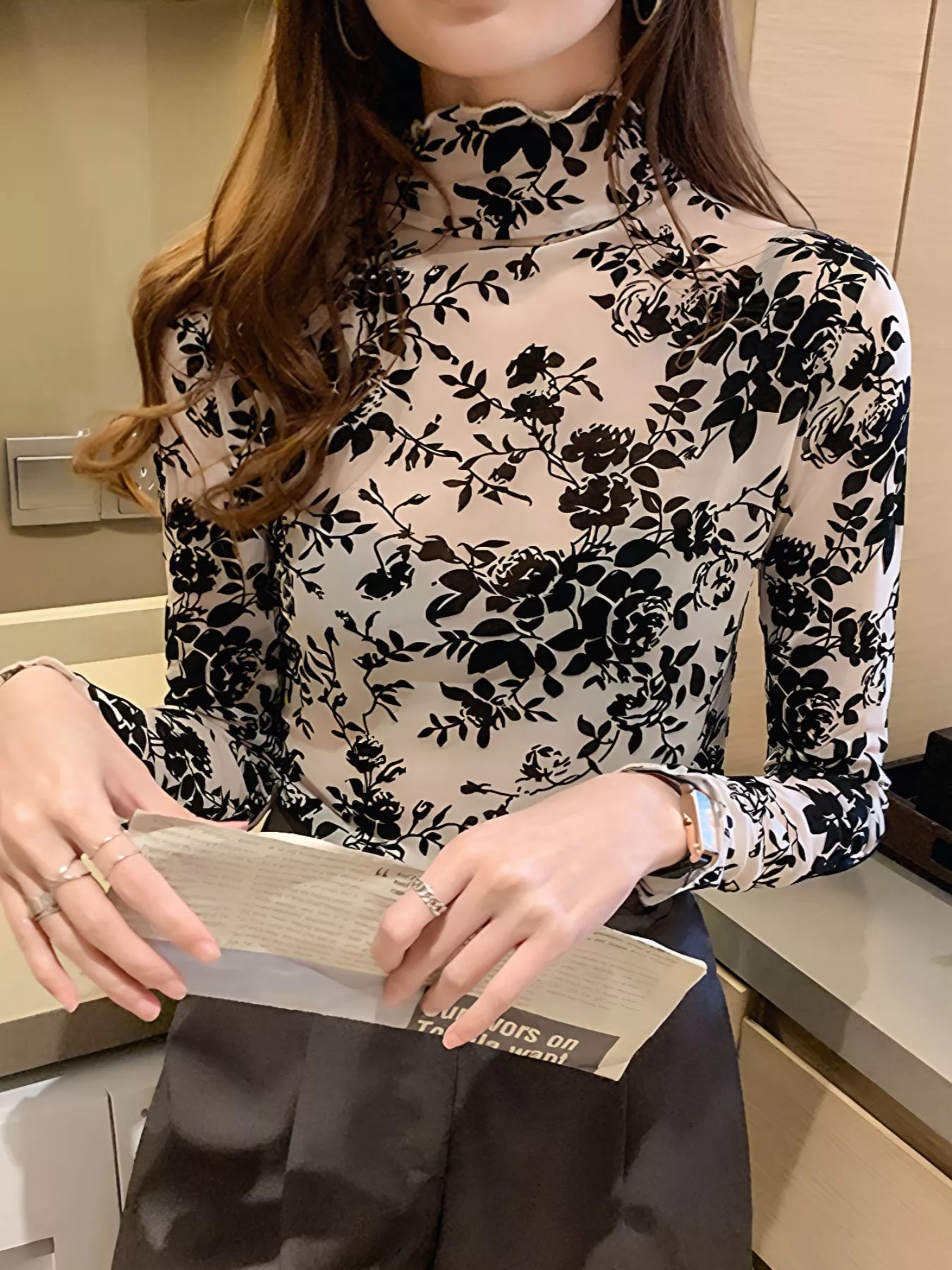 Floral Turtleneck Long Sleeve Top 