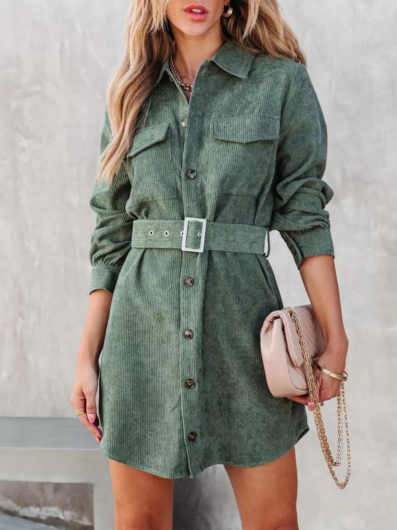 Button Front Belt Long Sleeve Corduroy Dress 