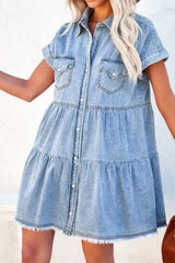 Raw Hem Button Down Denim Mini Dress 