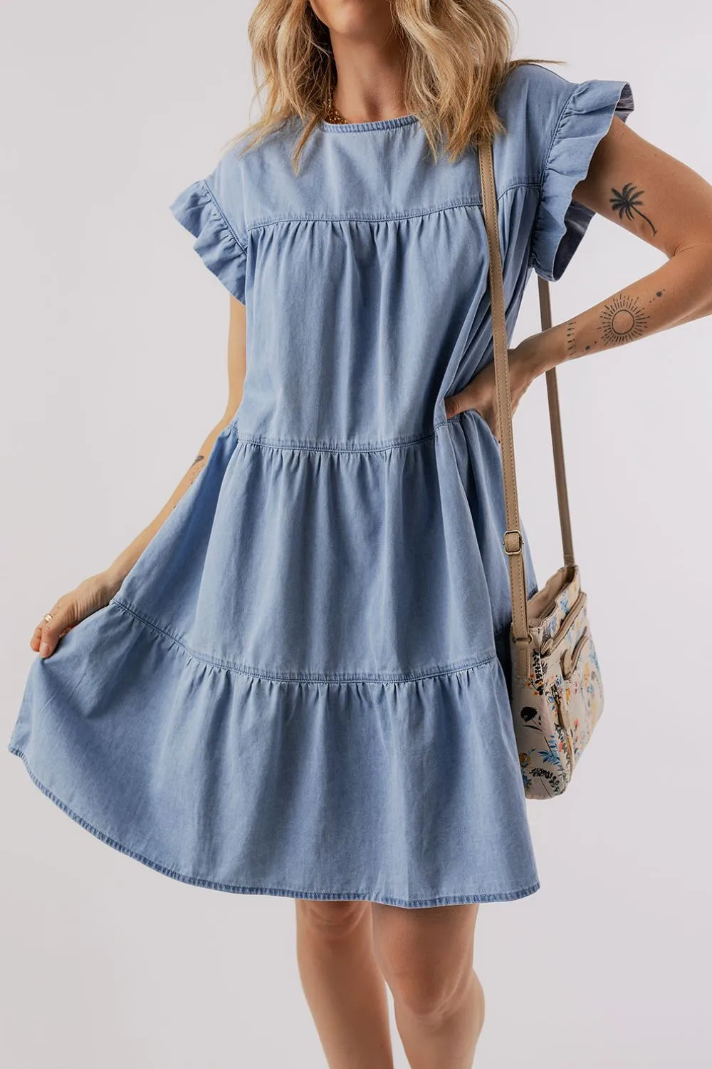 Ruffle Cap Sleeve Tiered A-line Denim Dress 