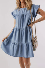 Ruffle Cap Sleeve Tiered A-line Denim Dress 
