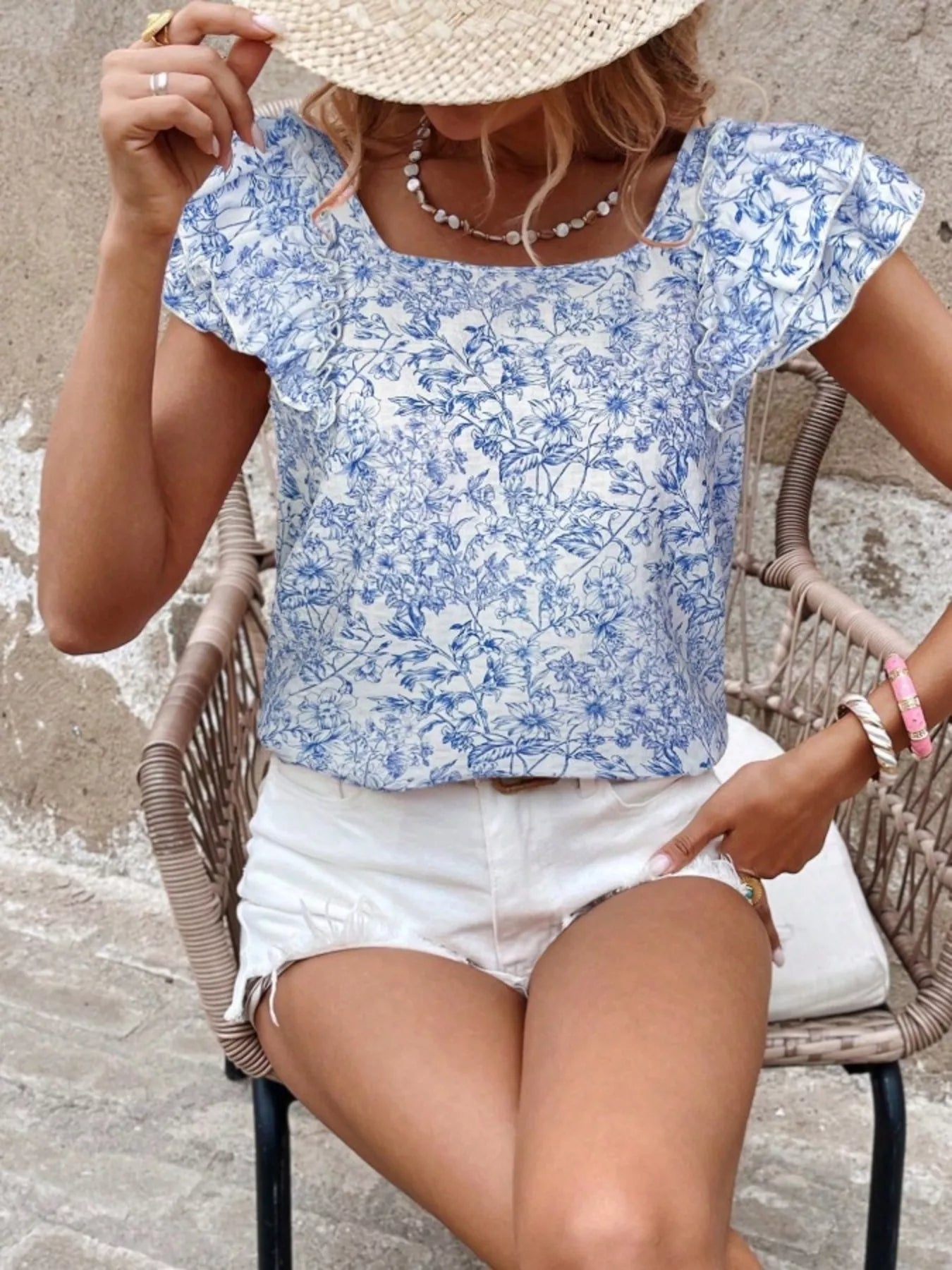 Floral Print Ruffle Trim Blouse 