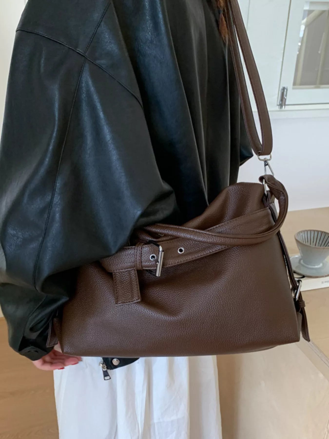 Decor Buckle Leather Shoulder Bag 