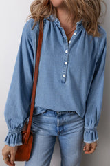 Half Button Long Sleeve Denim Top 
