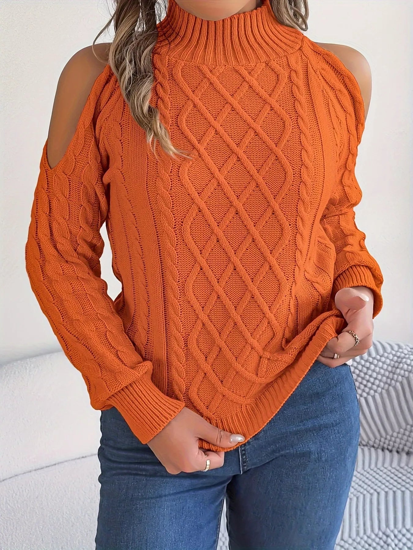 Cable Knit Cold Shoulder Turtleneck Sweater 