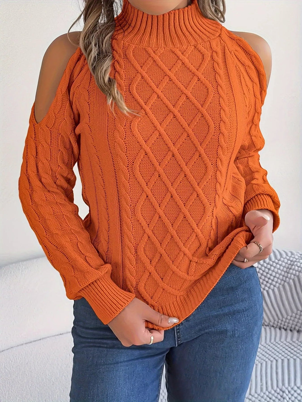 Cable Knit Cold Shoulder Turtleneck Sweater 