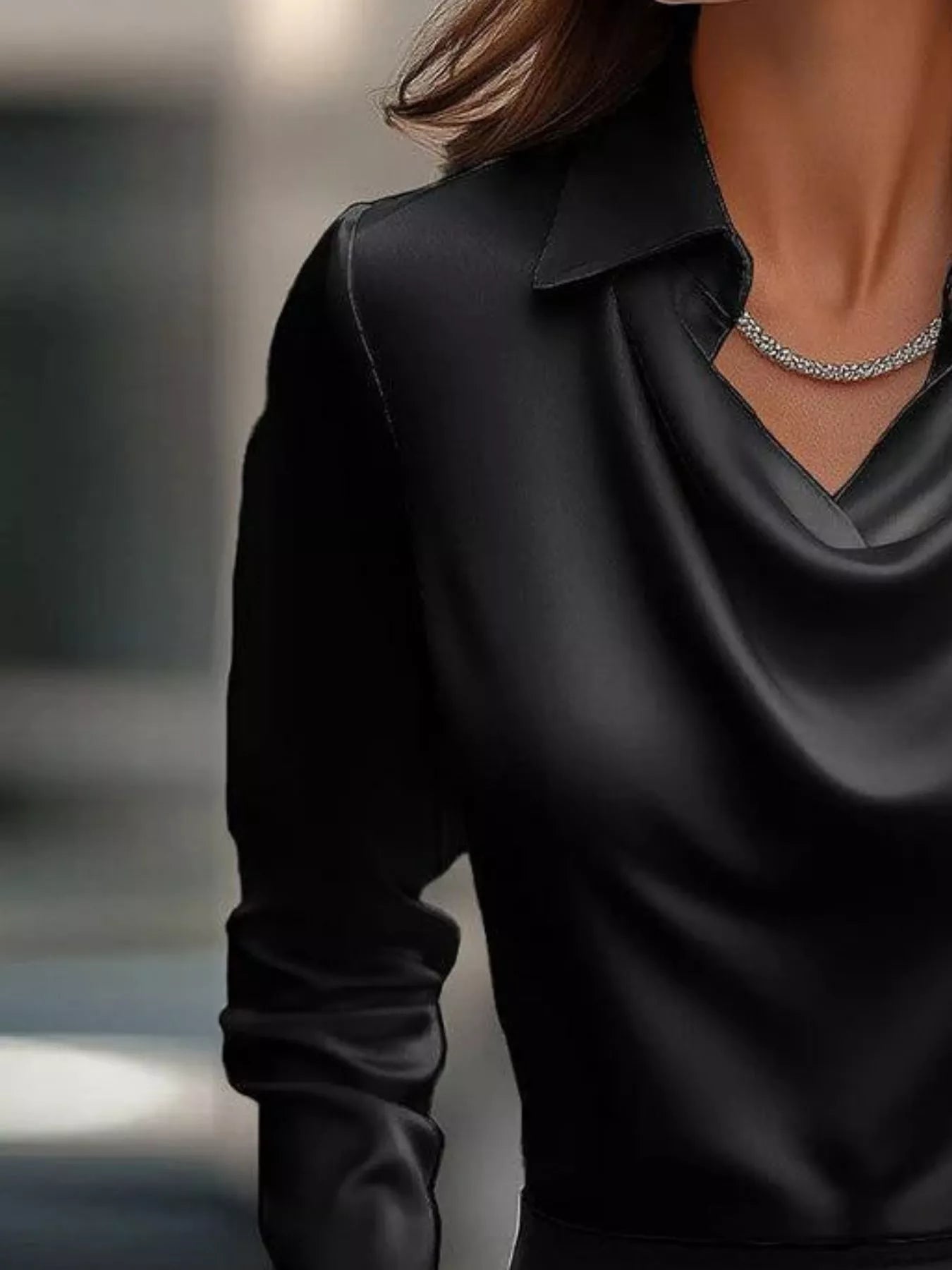 Ruched Long Sleeve Drape Collar Blouse 