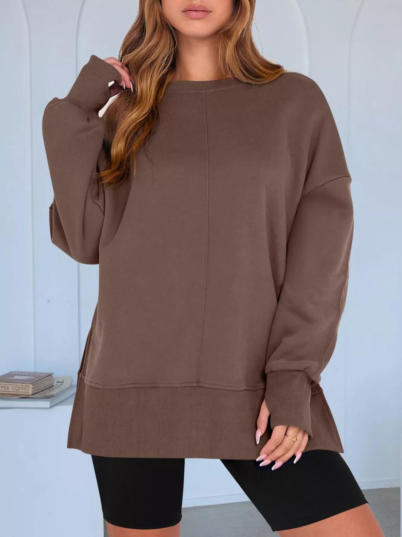 Side Slit Round Neck Long Sleeve Sweatshirt 