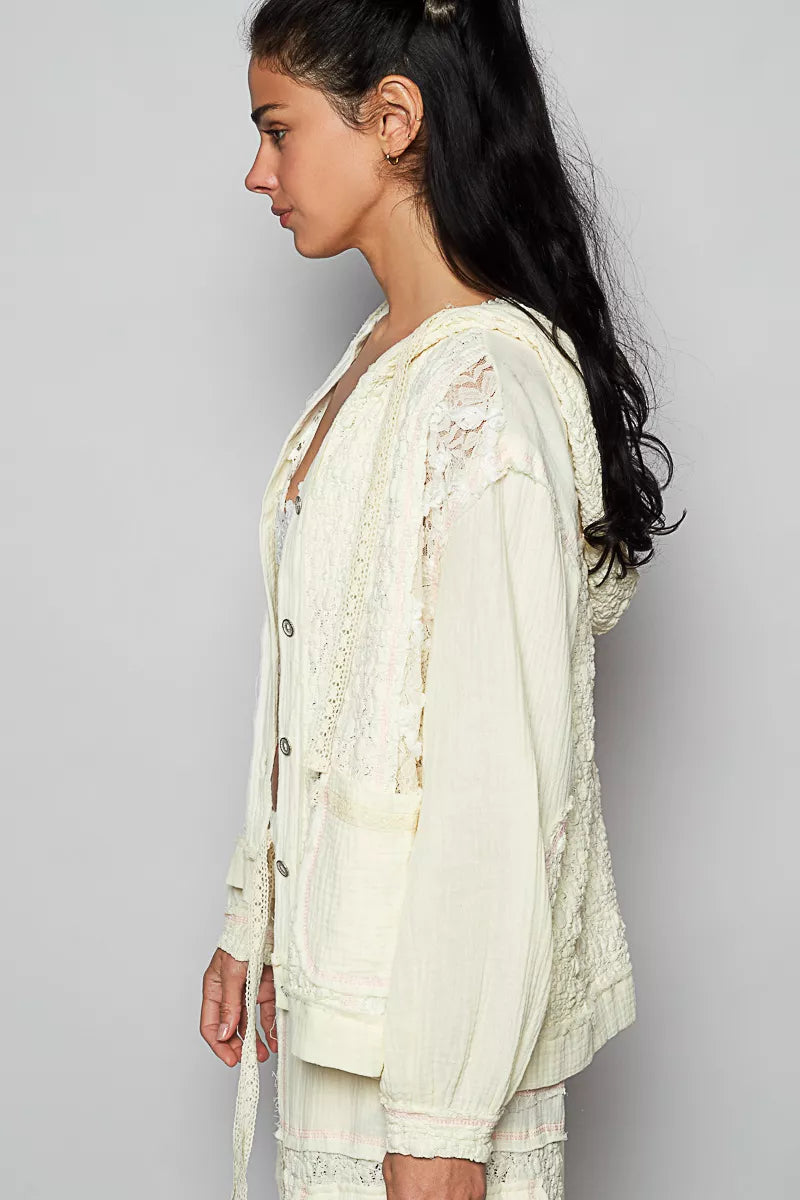 POL Exposed Seam Button Down Hooded Jacket with Lace Detail 
