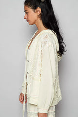 POL Exposed Seam Button Down Hooded Jacket with Lace Detail 