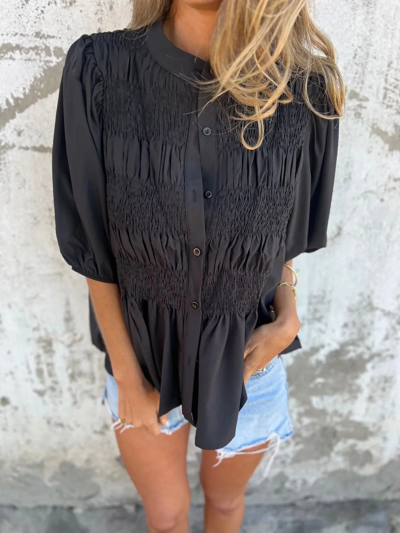 Full Size Smocked Puff Sleeve Blouse Plus Size 