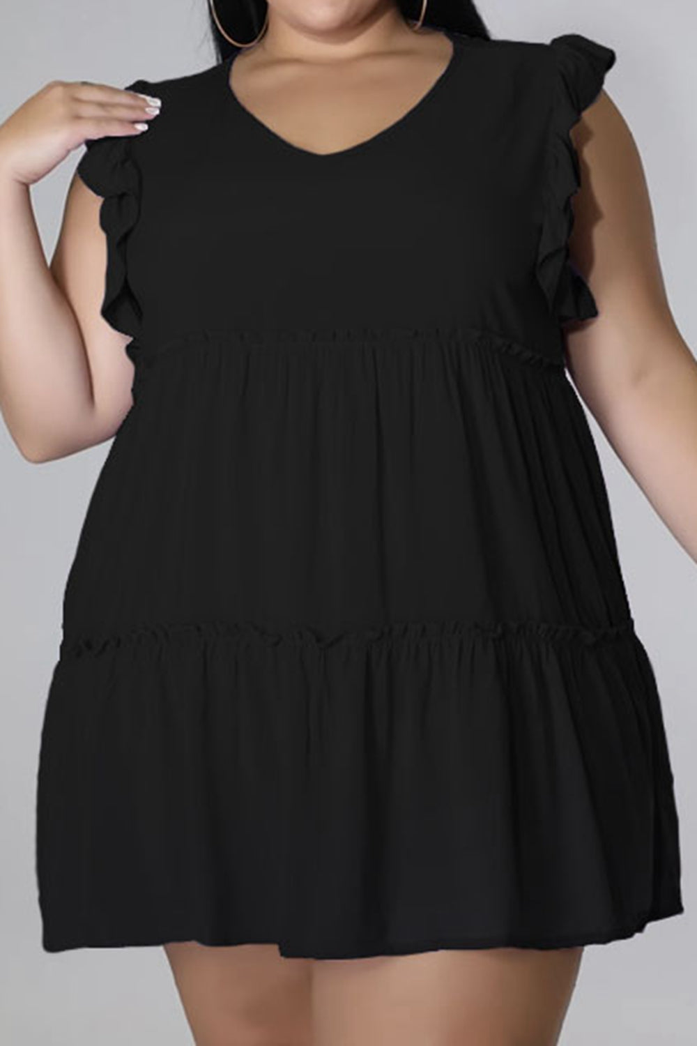 Plus Size V-Neck Frill Trim Mini Dress 