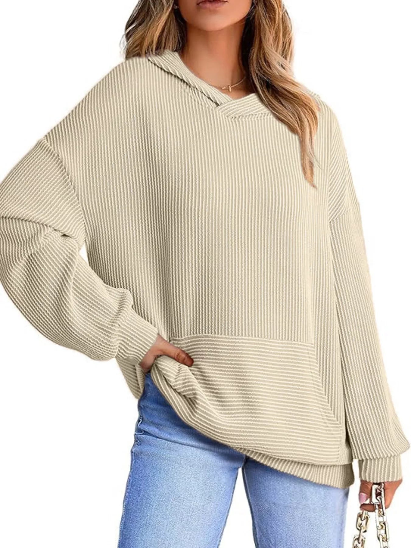 Ribbed Oversized Hoodie Sweatshirt with Pocket 