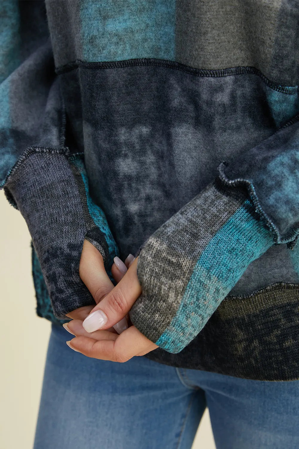 Double Take Full Size Plaid Dropped Shoulder Fleece Hoodie 