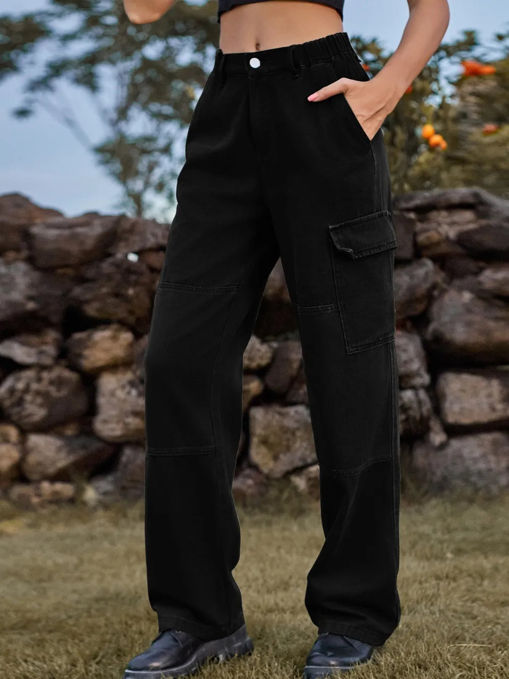 High Waist Cargo Straight Jeans 
