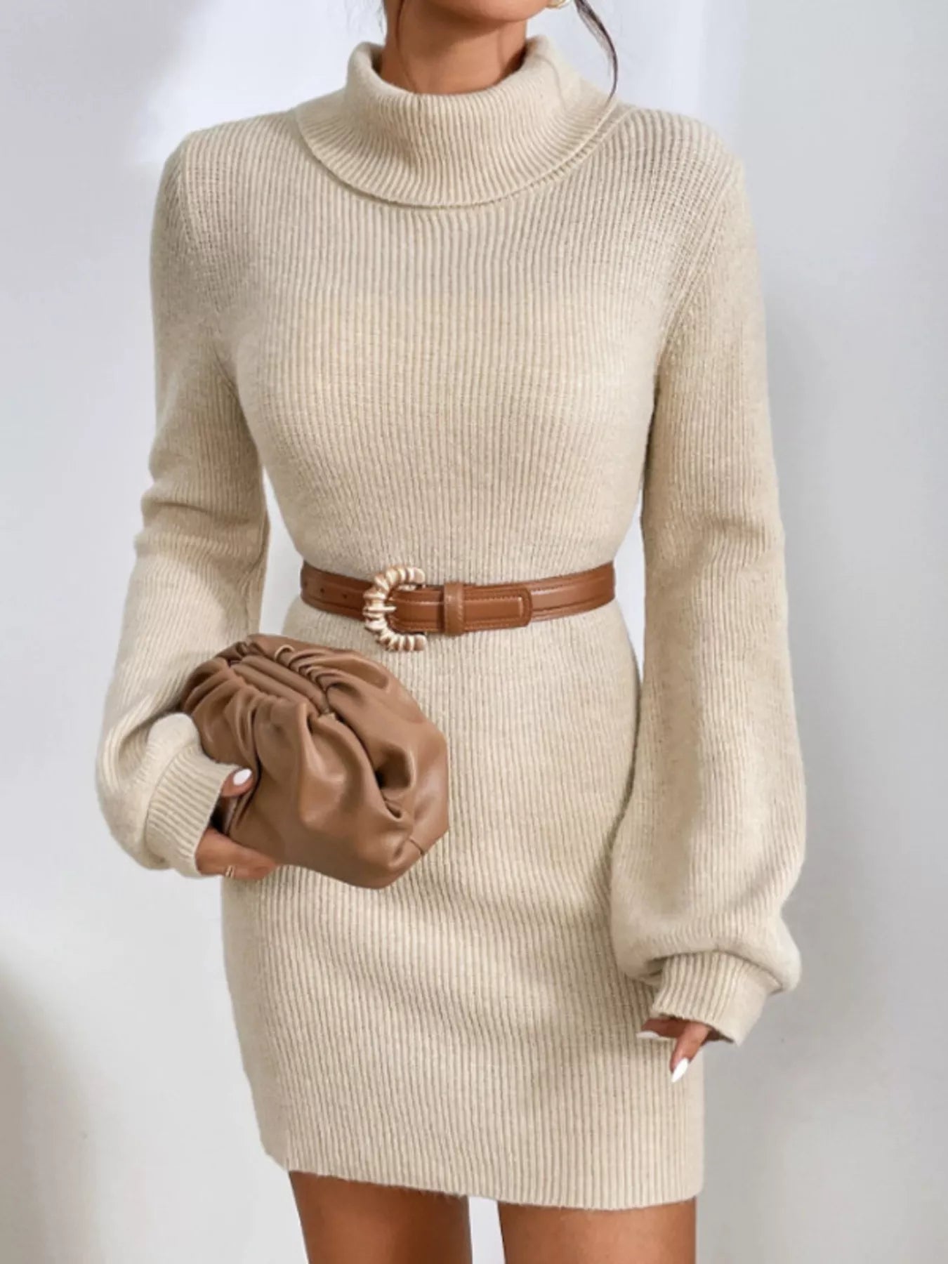 Turtleneck Ribbed Knit Sweater Dress 