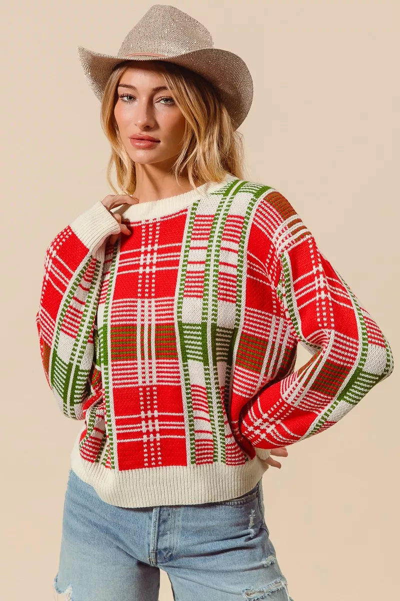 SO ME Christmas Color Checkered Plaid Crew Neck Sweater 