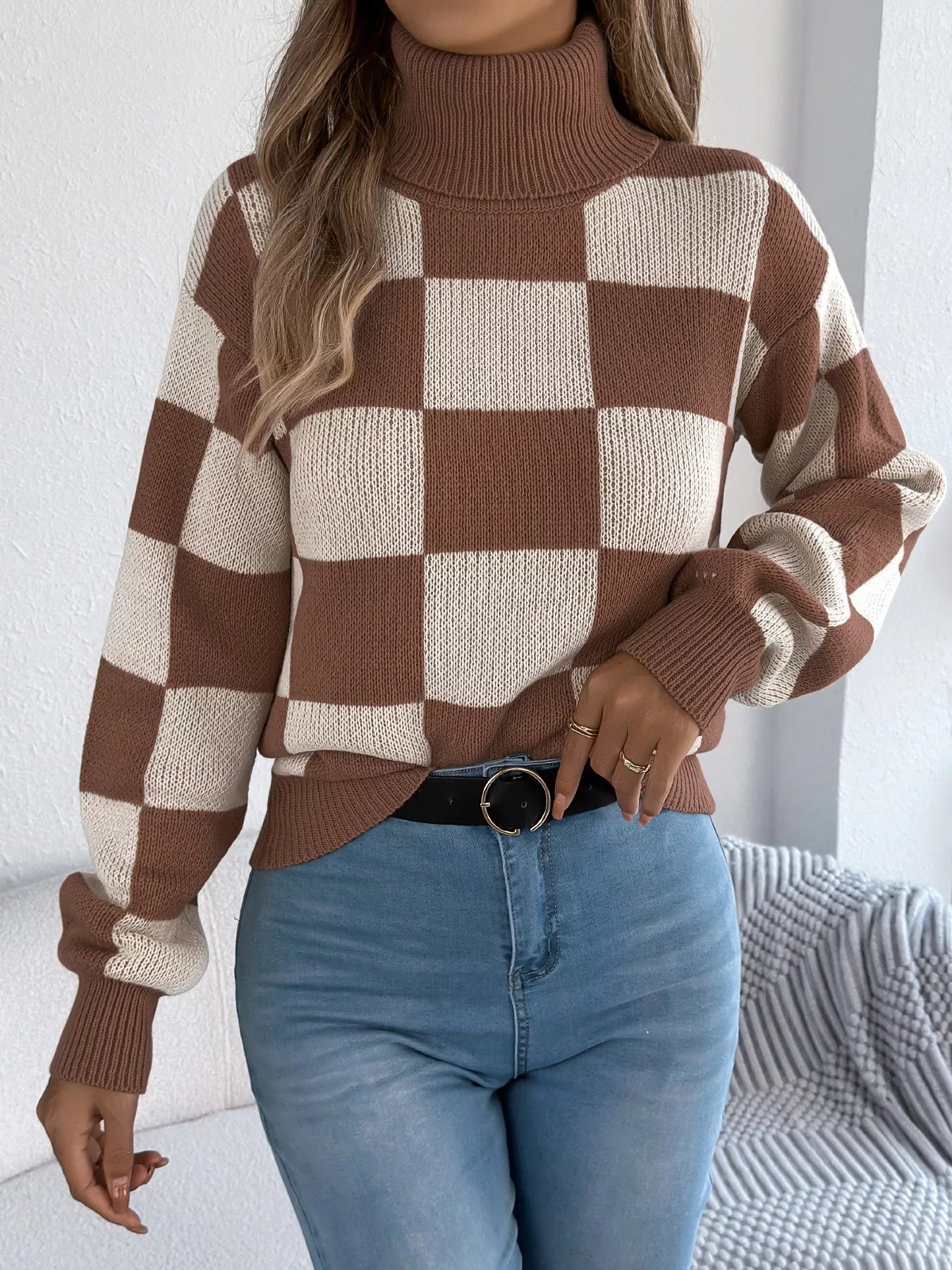 Checkered Turtleneck Long Sleeve Sweater 