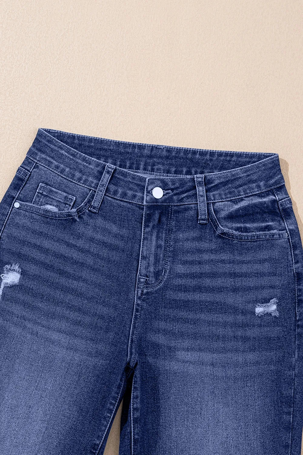 Folded Cuffs Distressed Straight High Waist Jeans 