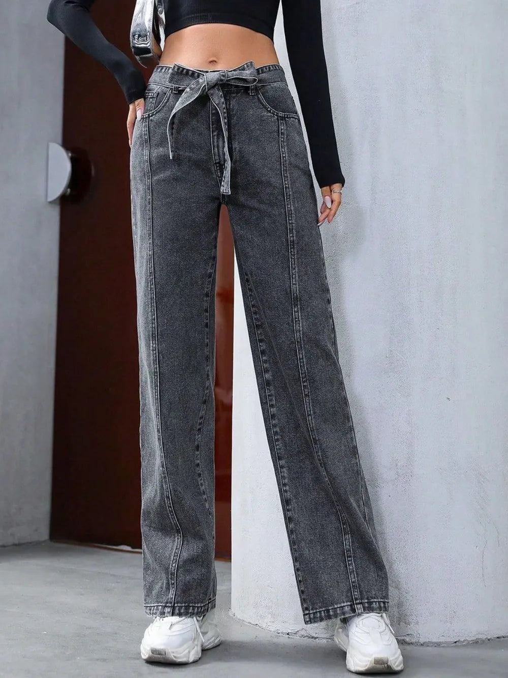 Tied Straight Leg Jeans with Pockets 