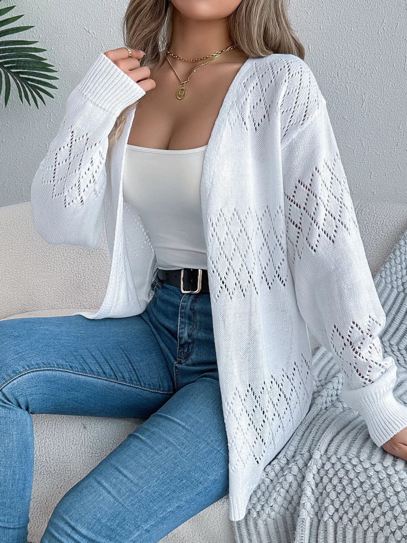 Openwork Open Front Long Sleeve Cardigan 