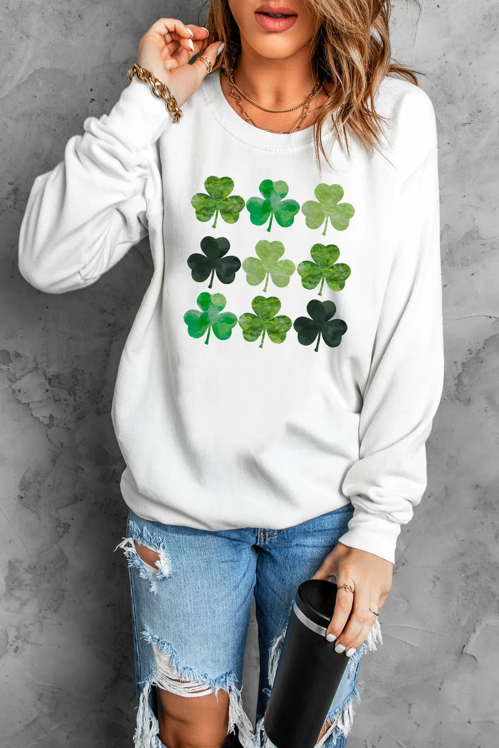 Lucky Clover Round Neck Dropped Shoulder Sweatshirt 