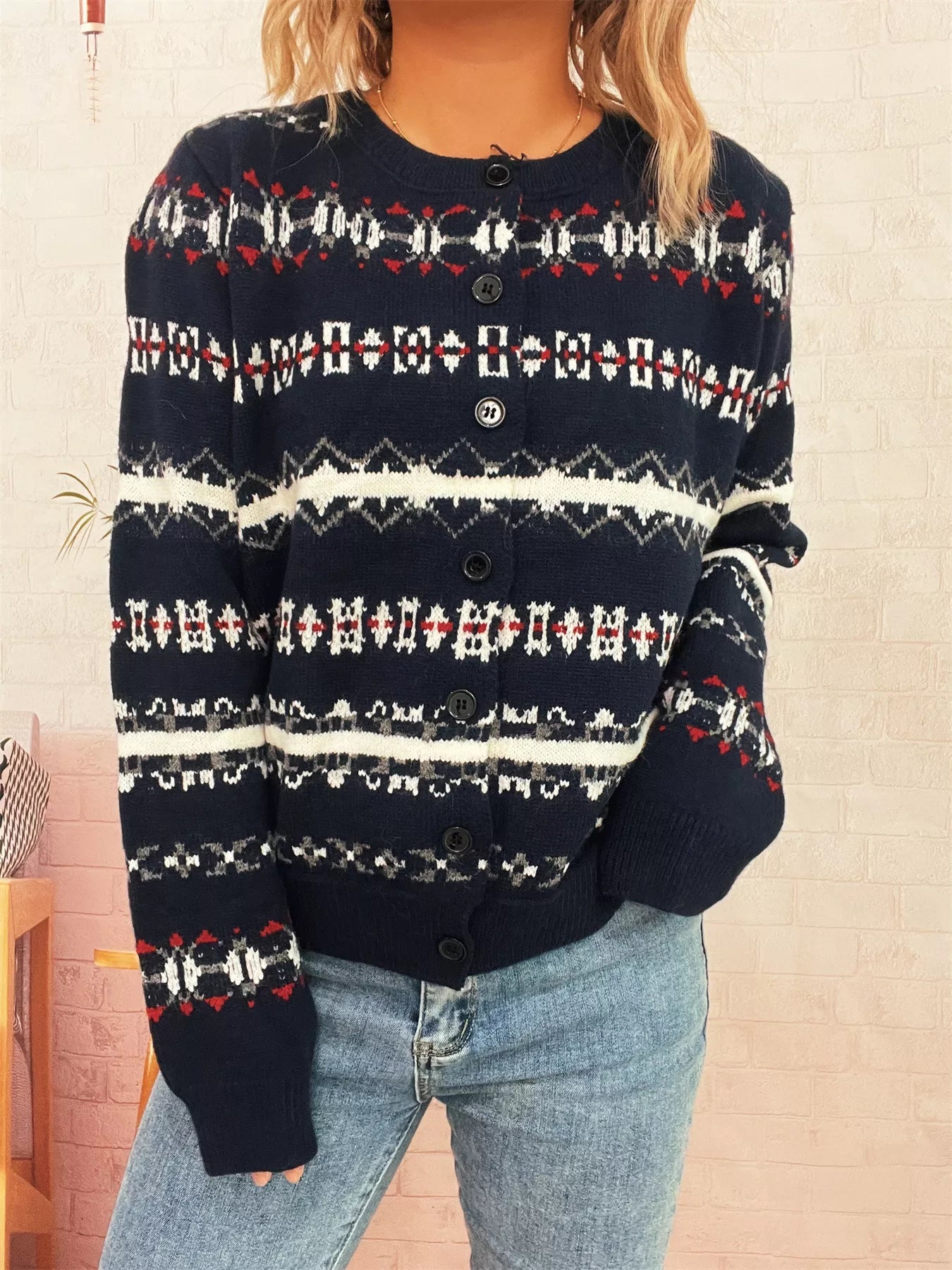 Vintage Pattern Button-Down Cardigan 