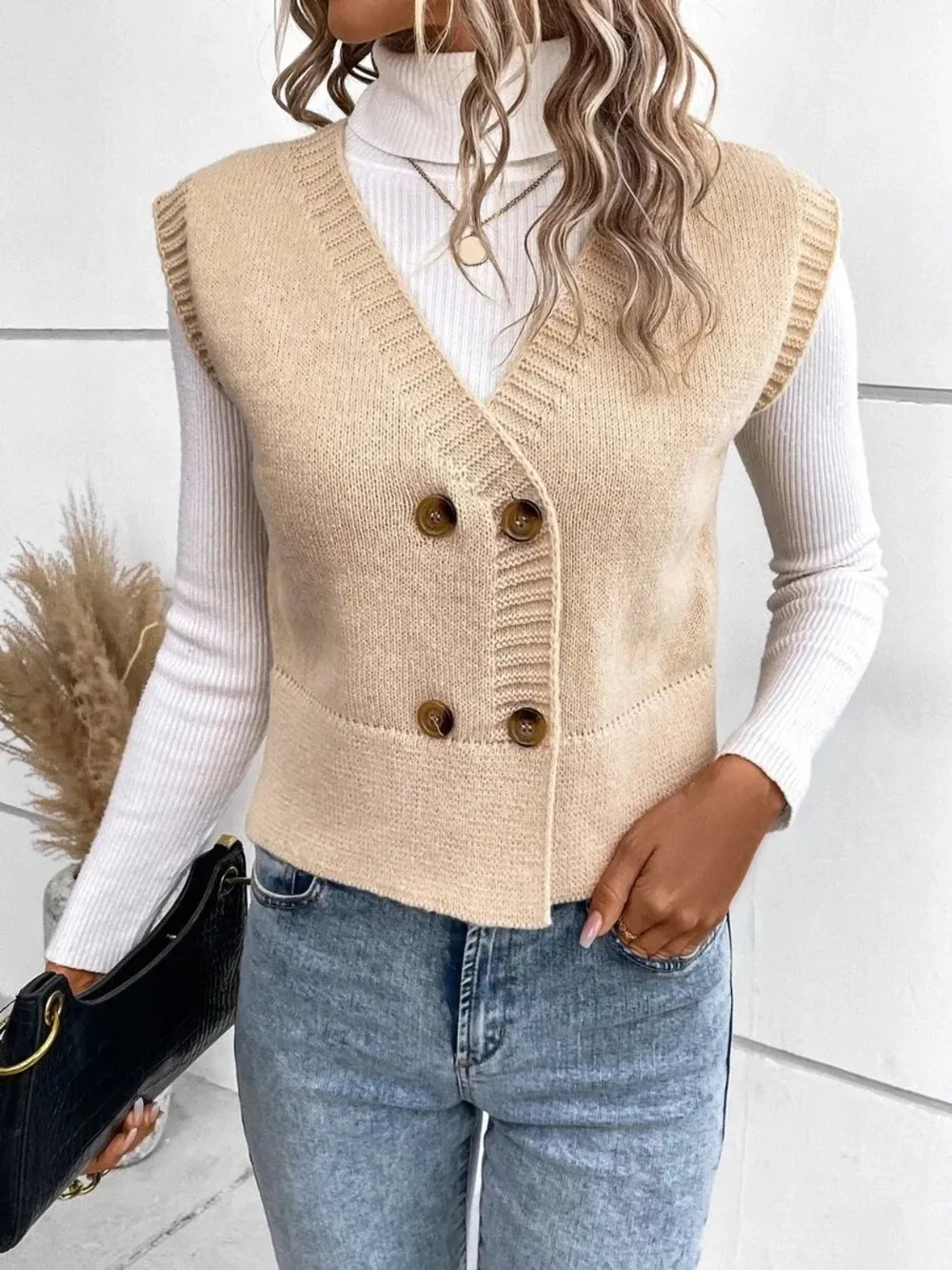 Full Size Button Up V-Neck Sweater Vest 