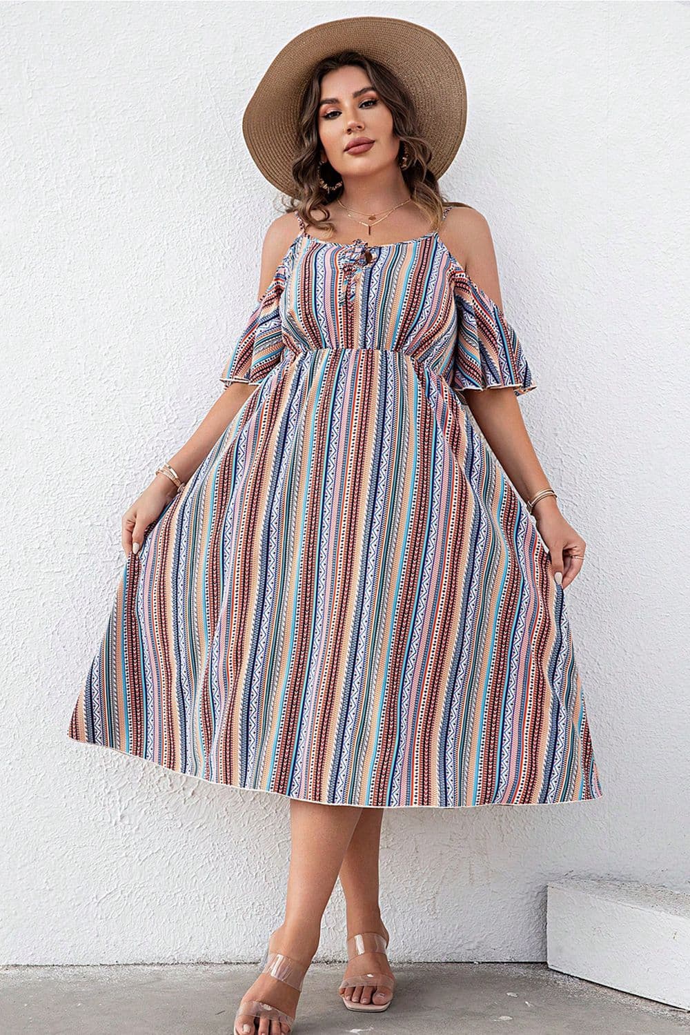 Plus Size Striped Cold-Shoulder Dress 