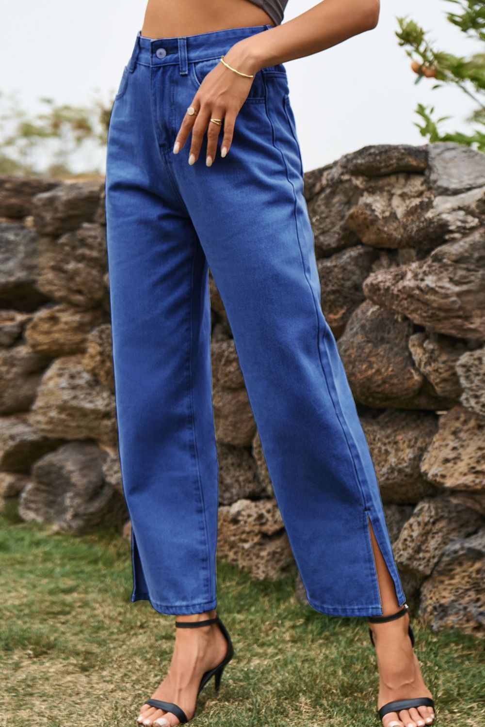 High Waist Loose Fit Ankle Slit Jeans 