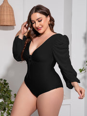 Plus Size Tied Deep V Balloon Sleeve One-Piece Swimsuit 