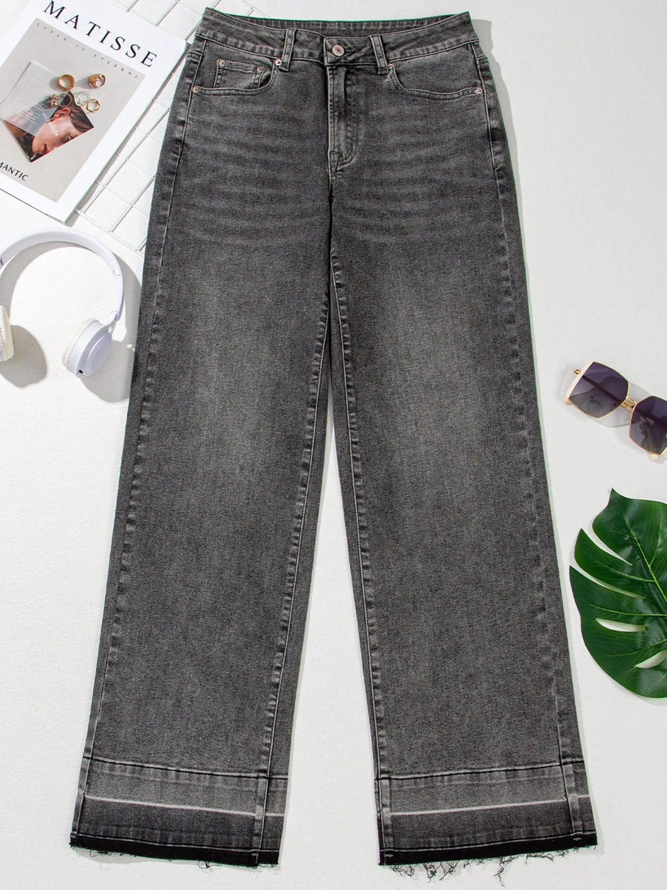 Raw Hem Unique Cuffs Straight High Rise Loose Jeans 