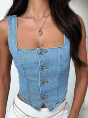 Smocked Square Neck Denim Top 