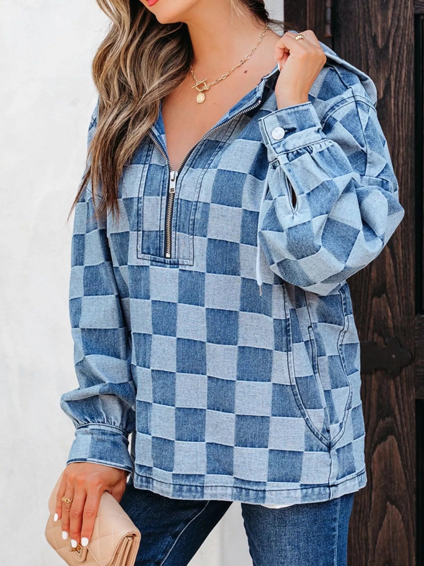 Checkered Half Zip Denim Hoodie Top 