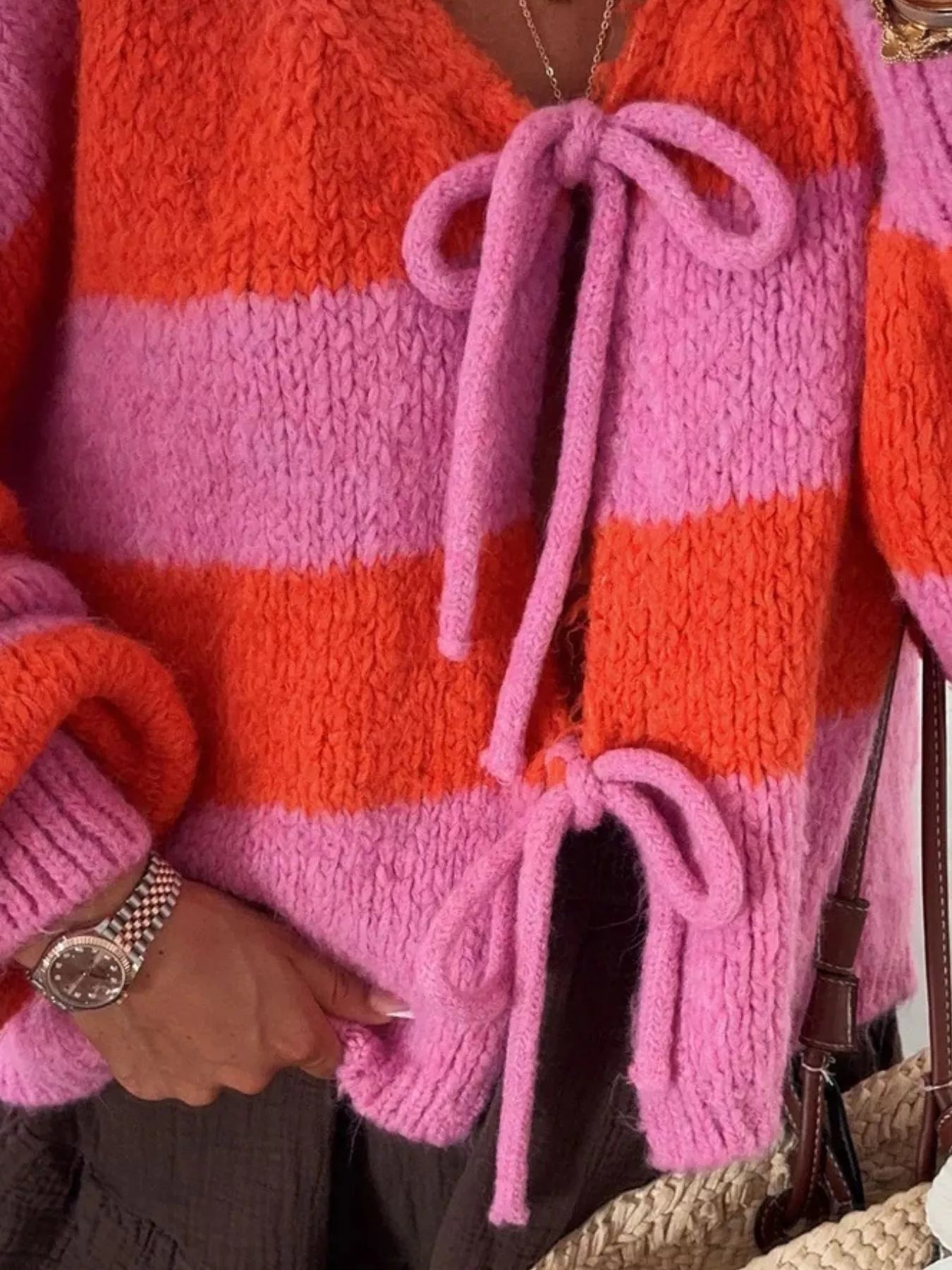 Striped Tie-Front Knit Cardigan 